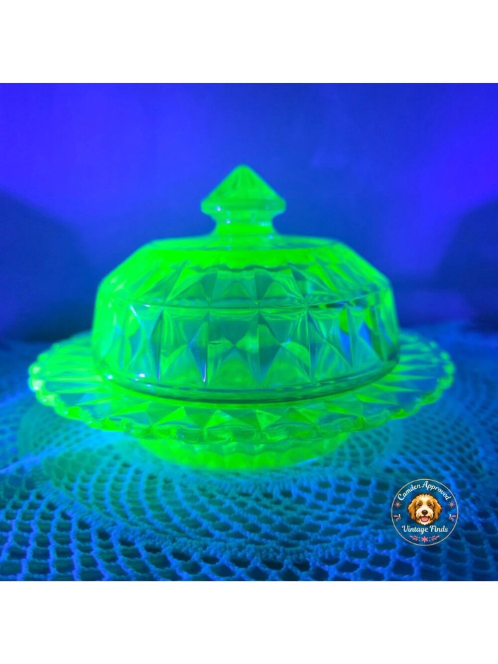 Vintage Uranium Glass Covered Butter Dish Round Diamond Pattern Scalloped Plate